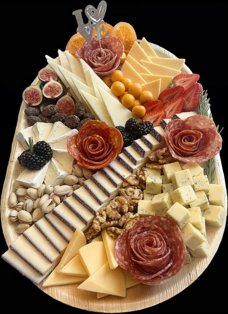 Medium charcuterie board with a LOVE topper, salami roses, figs, strawberries and cheeses
